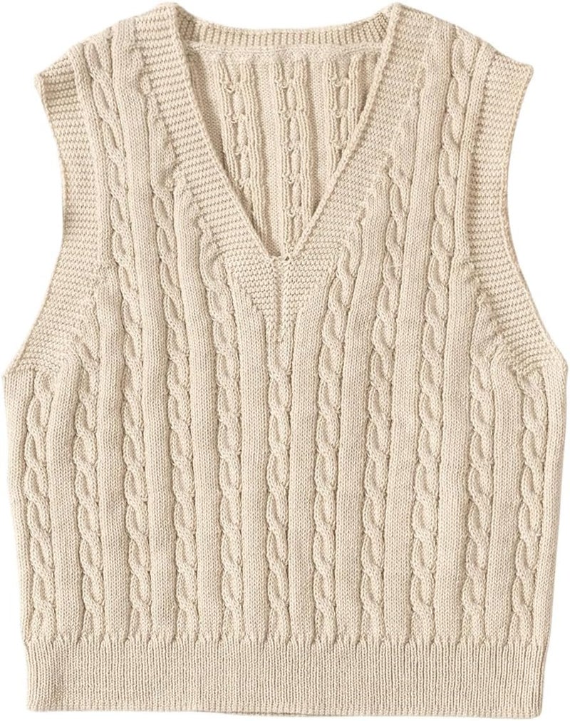 MakeMeChic Girl's Fall Cable Knit Vest Tops V Neck Sleeveless Cute Cropped Sweater Vest - Image 1
